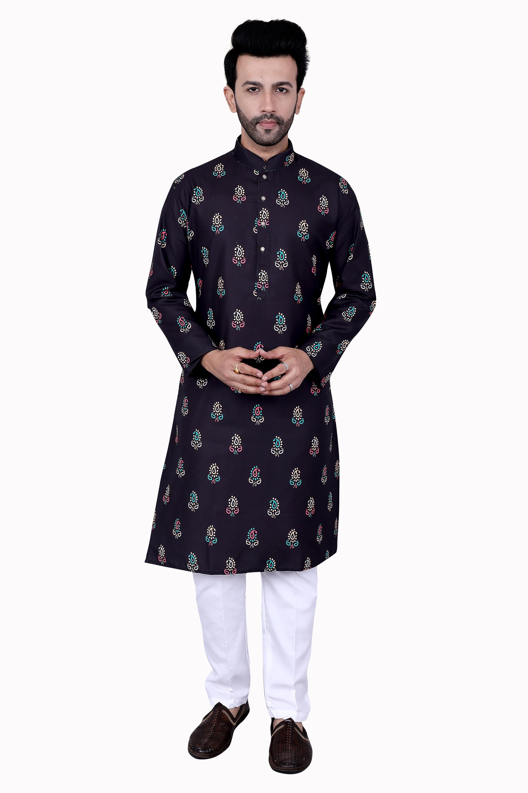 Men's  Floral Printed Cotton Kurta, Knee Length, Mandarin Collar, Long Sleeves Black