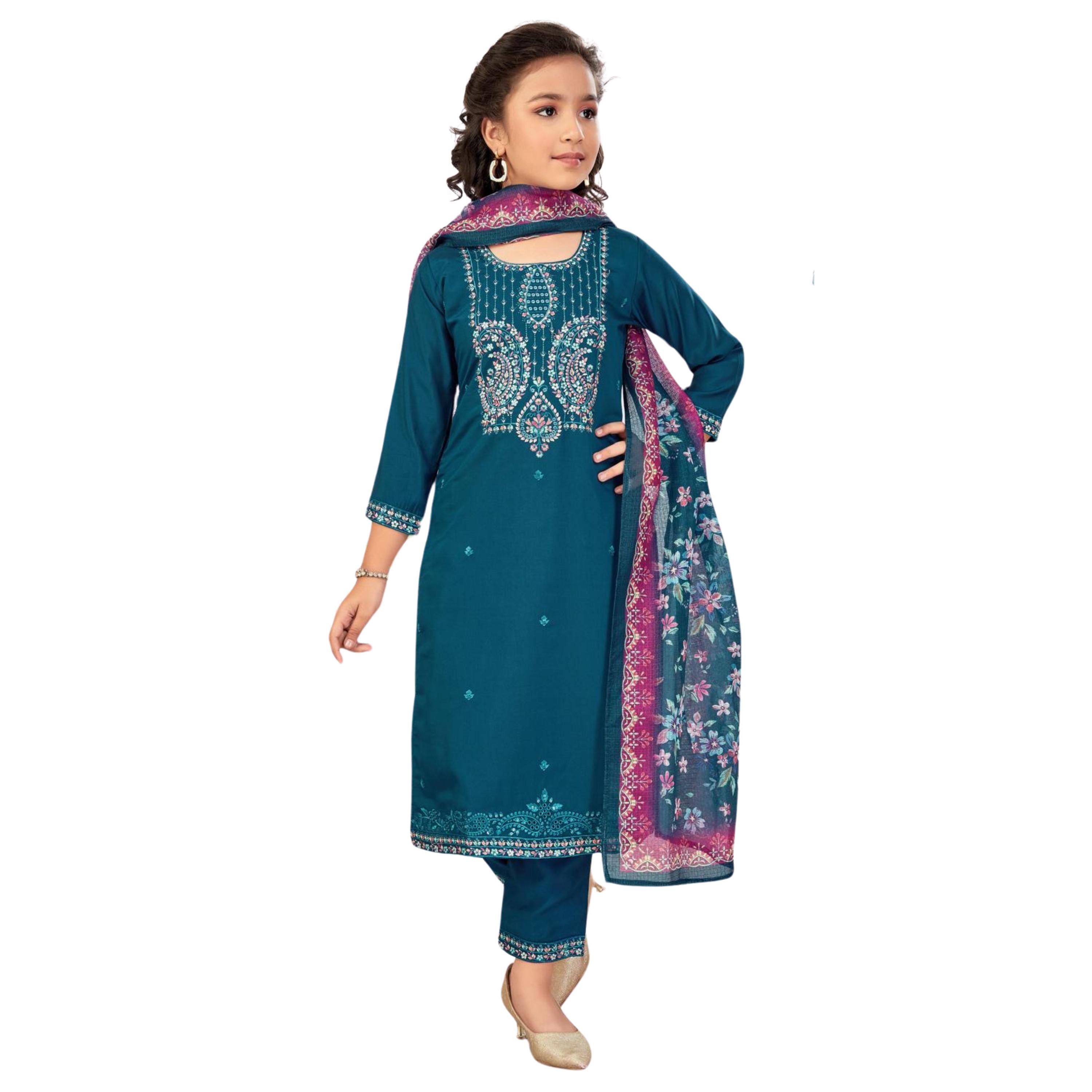Girls straight fit suit with printed dupatta · blue · TT-YG-CBL77