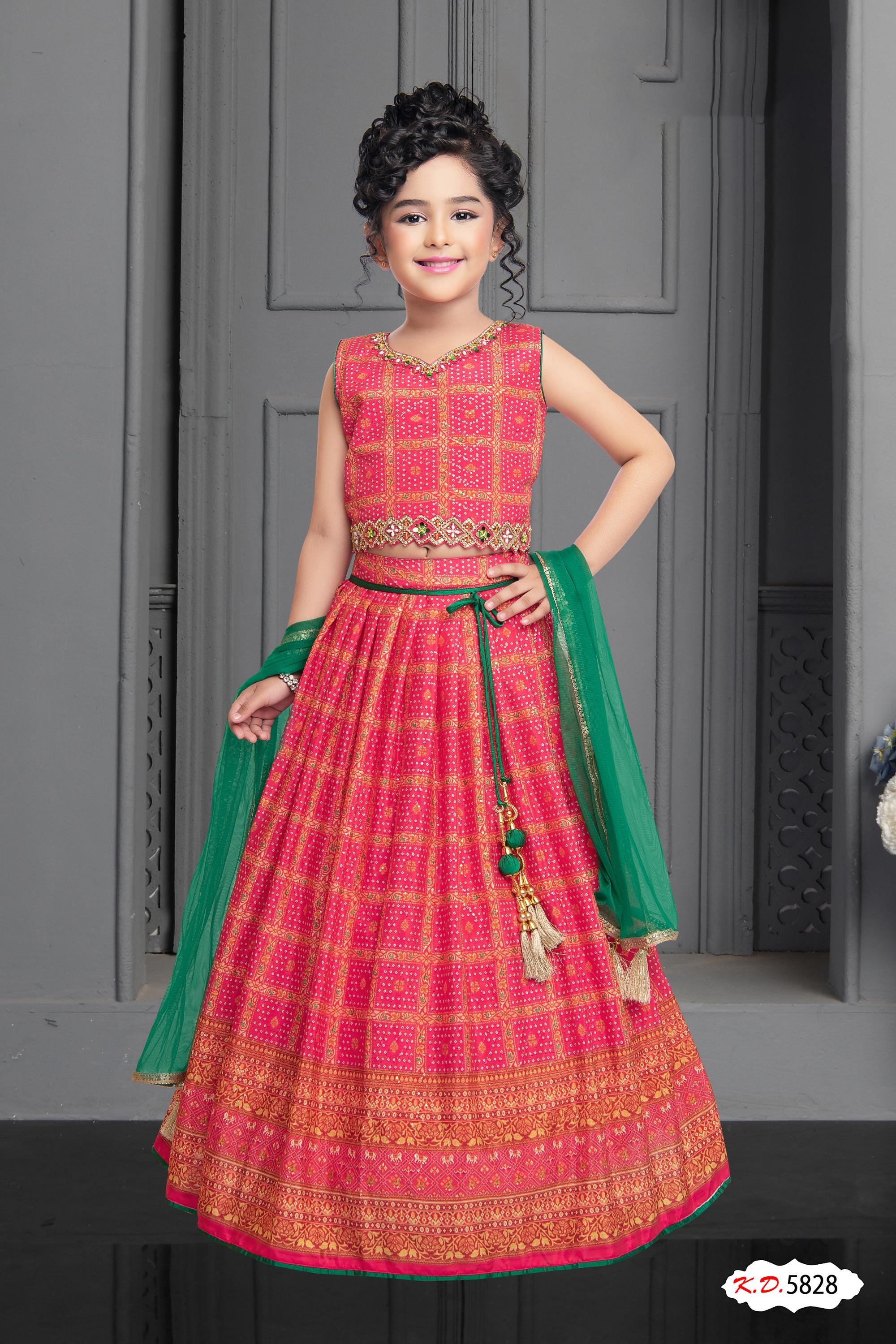 Girls embroidered satin lehenga set · pink red · TT-YG-LR102
