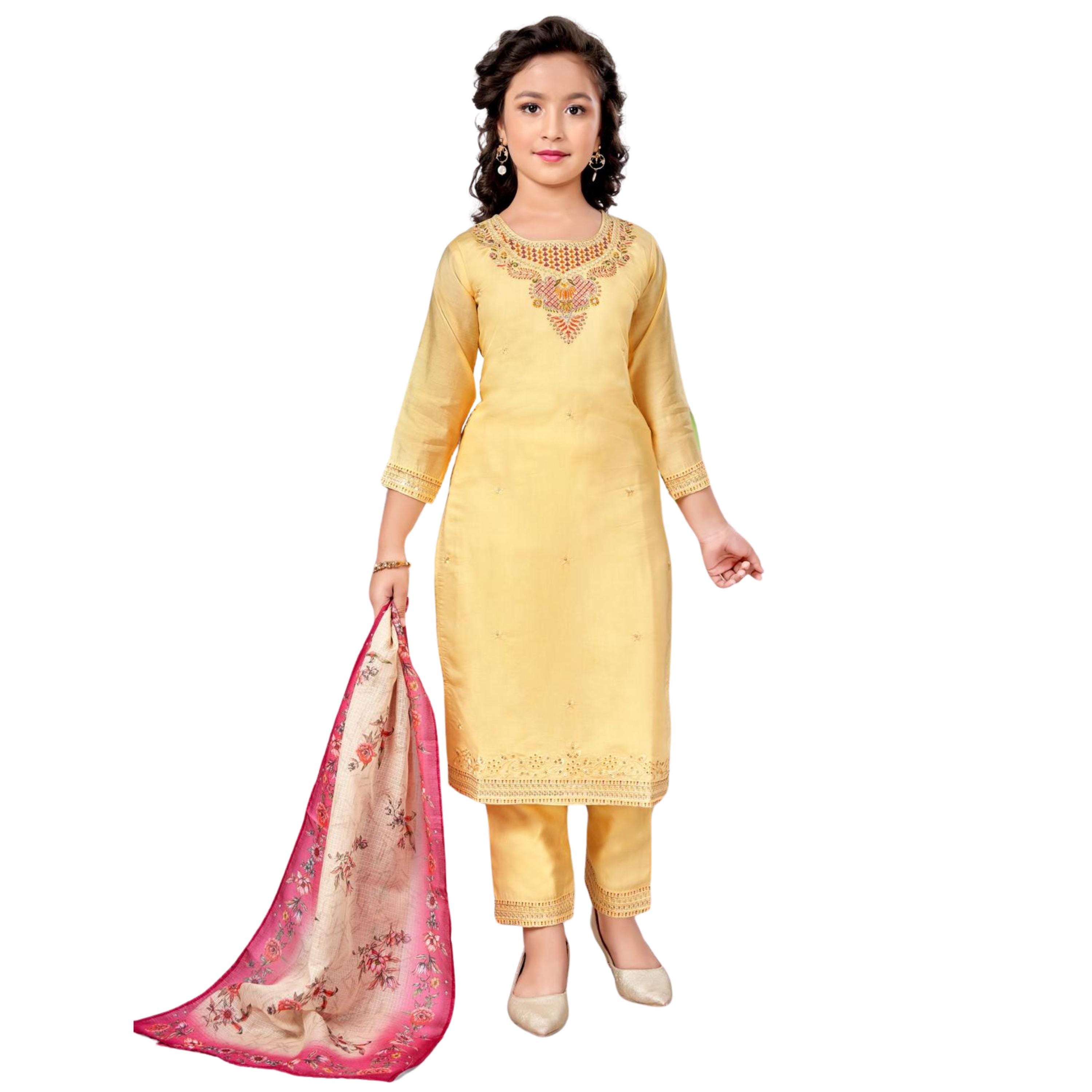 Girls straight fit suit with printed dupatta · yellow · TT-YG-CY80