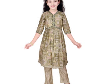 Dziewczęca bawełniana, drukowana, haftowana kurta i salwar, piżama, 2-częściowy garnitur, długość do kolan, rękawy 3/4