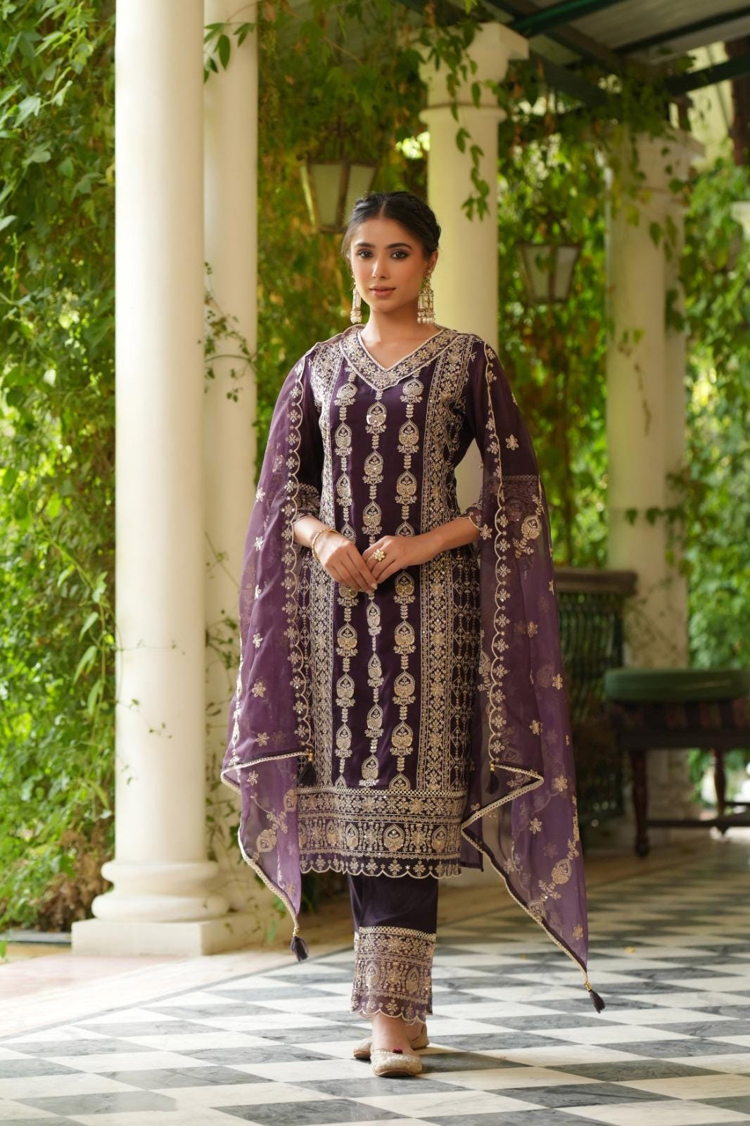 Traditional Threads Embroidery Cotton Kurta with Pants & Dupatta, 3/4th Sleeves, Round Neck Wine