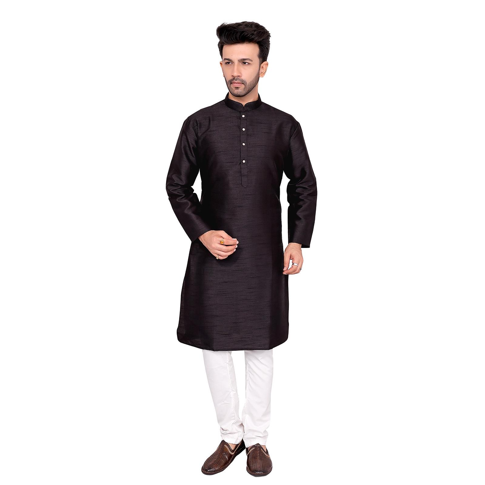 Cotton Silk Blend Kurta and Pyjama Set, Medium Length, Regular Fit, Plane Black