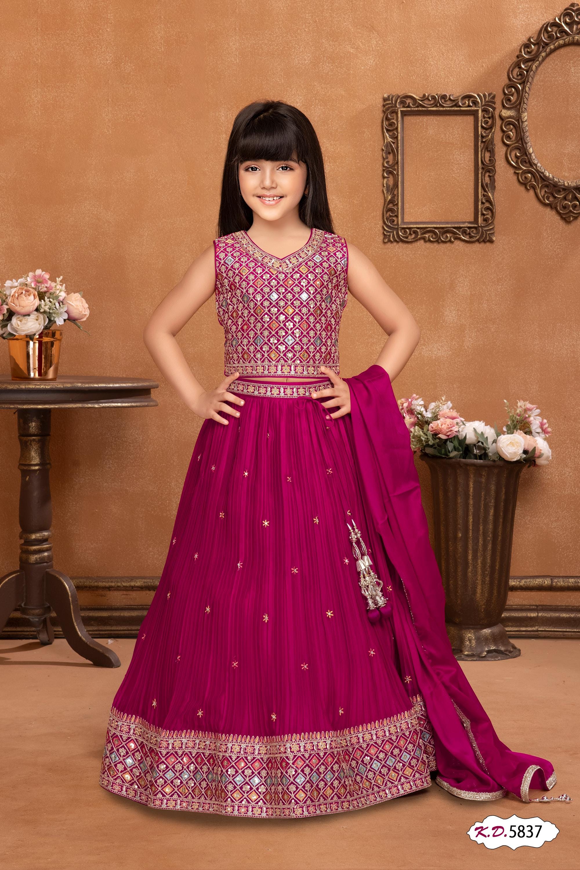 Girls embroidered satin lehenga set · wine · TT-YG-LWI105