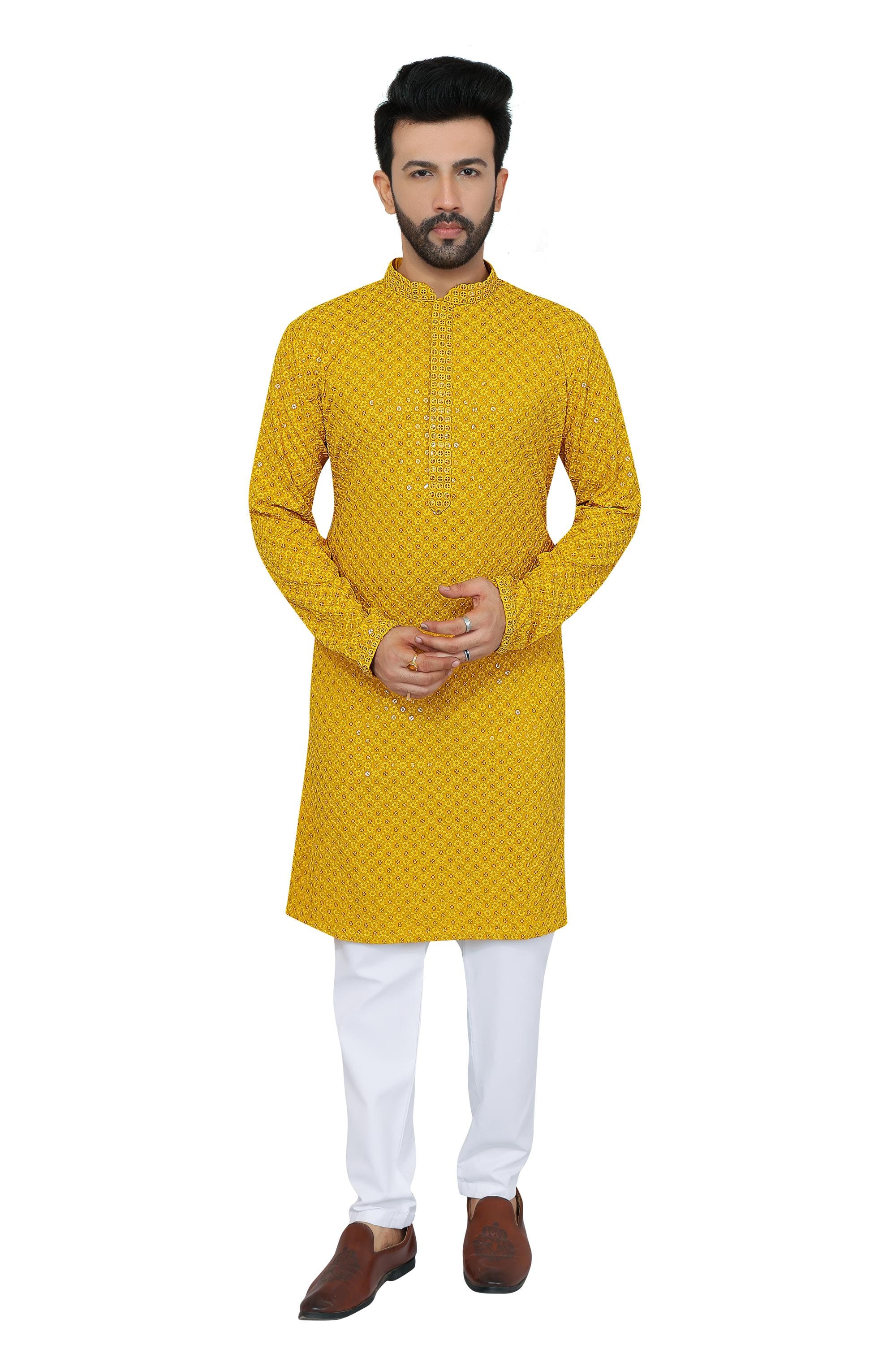 Mens Kurta Embroidered cotton Kurta Pajama Set, Large, Indian Style