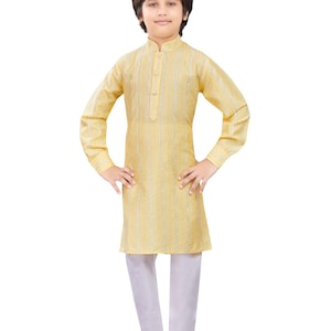 May include: A yellow long-sleeved kurta featuring a mandarin collar and vertical silver stripes, paired with plain white trousers. The kurta has a buttoned placket down the center chest and long sleeves with cuffs, creating a traditional ensemble.