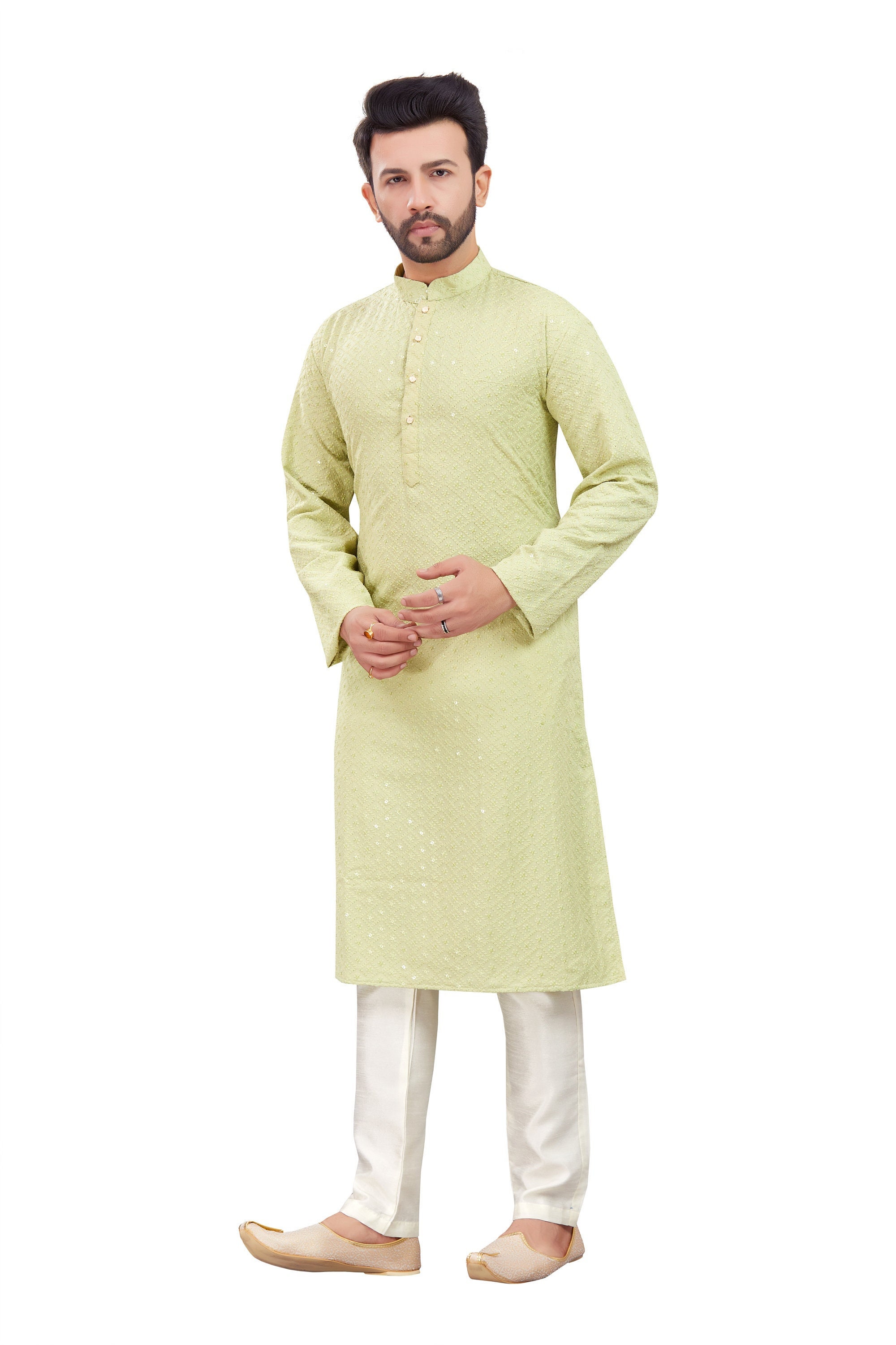 Olive Green Floral Embroidered Mens Kurta Pajama Set