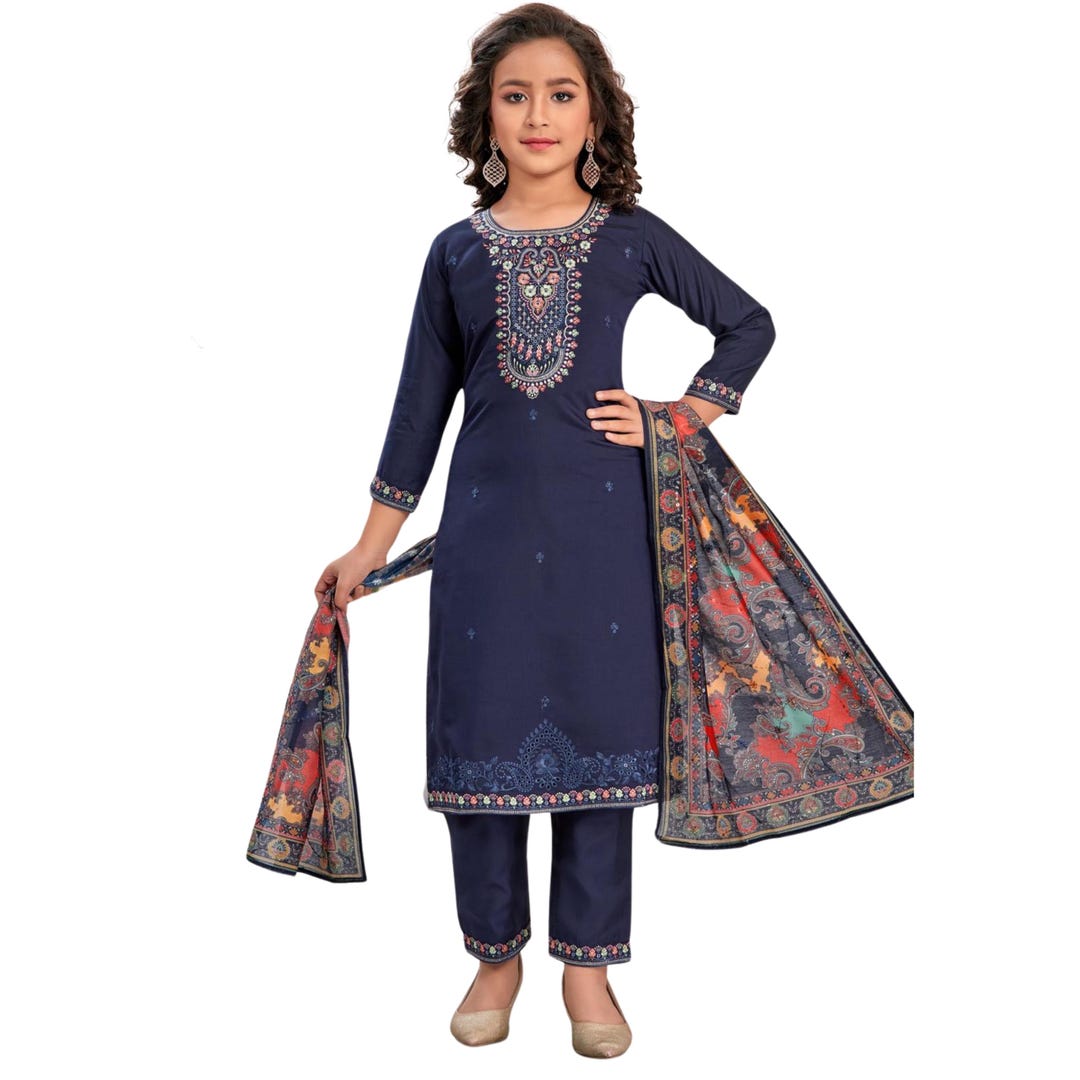 Traditional Threads Girls Straight Fit Suit With Printed Dupatta, Navy ...