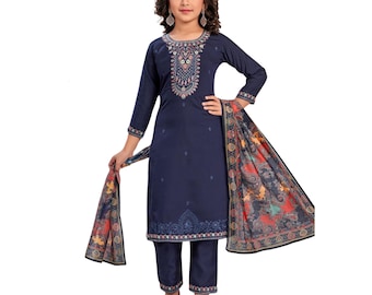 Traditional Threads Girls Straight Fit Suit z nadrukowaną dupattą, granatowy