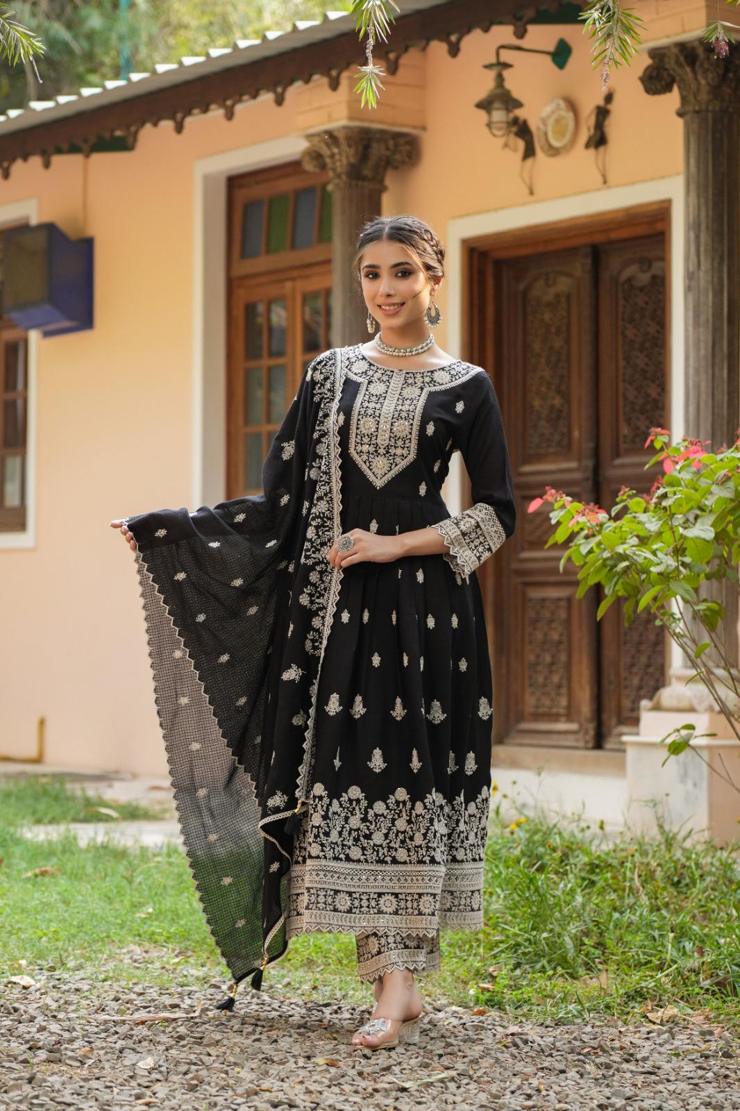 Traditional Threads Embroidered Georgette Kurta with Palazzo and Dupatta, Multicolor