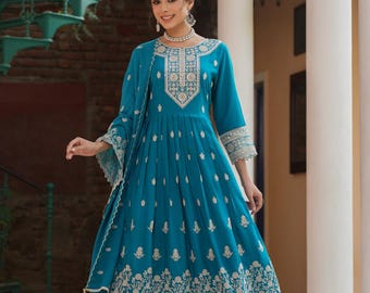 Embroidered Cotton Blend Anarkali Kurta Set: Palazzo & Dupatta, Blue