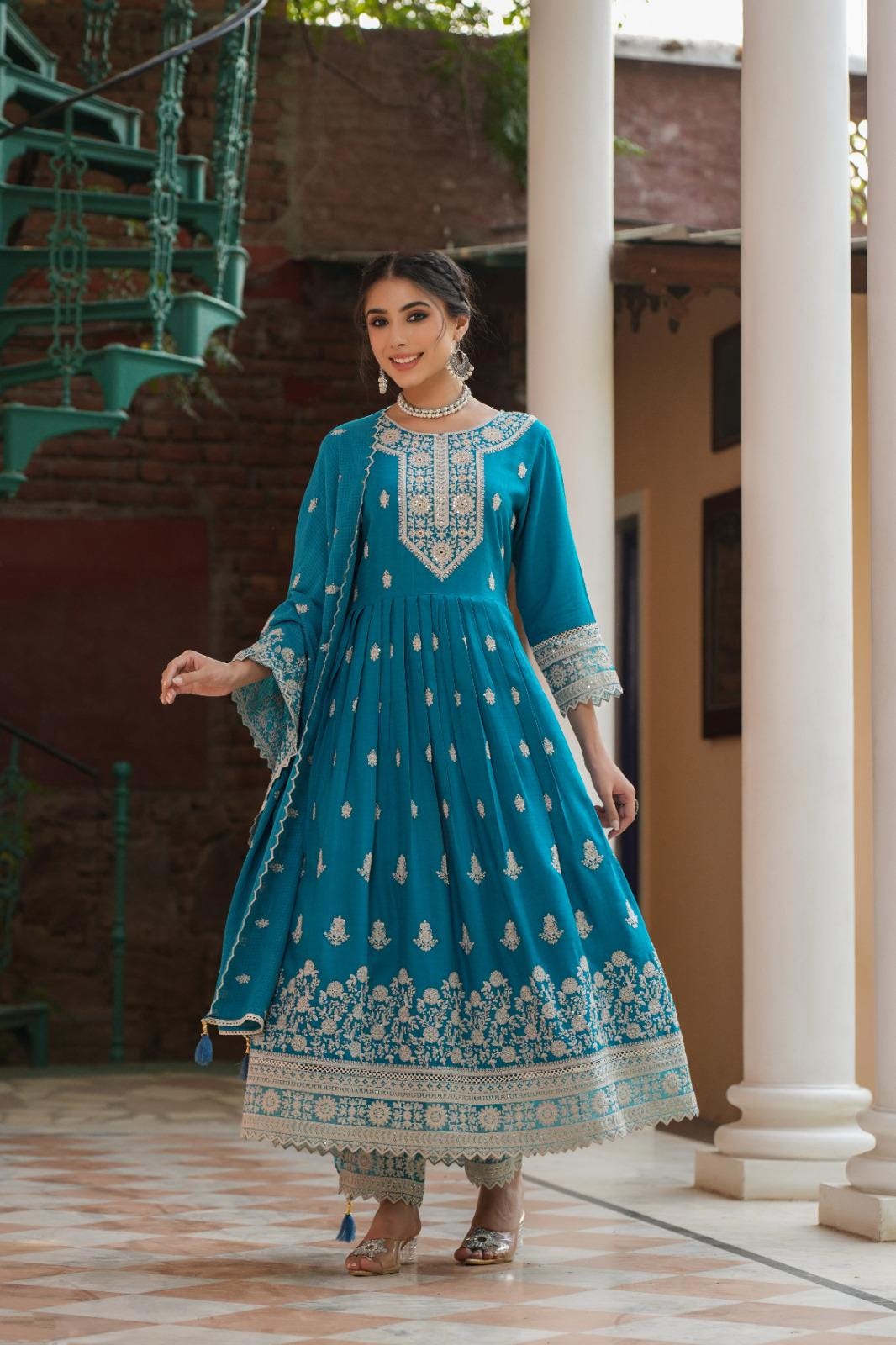 Embroidered Cotton Blend Anarkali Kurta Set: Palazzo & Dupatta, Blue