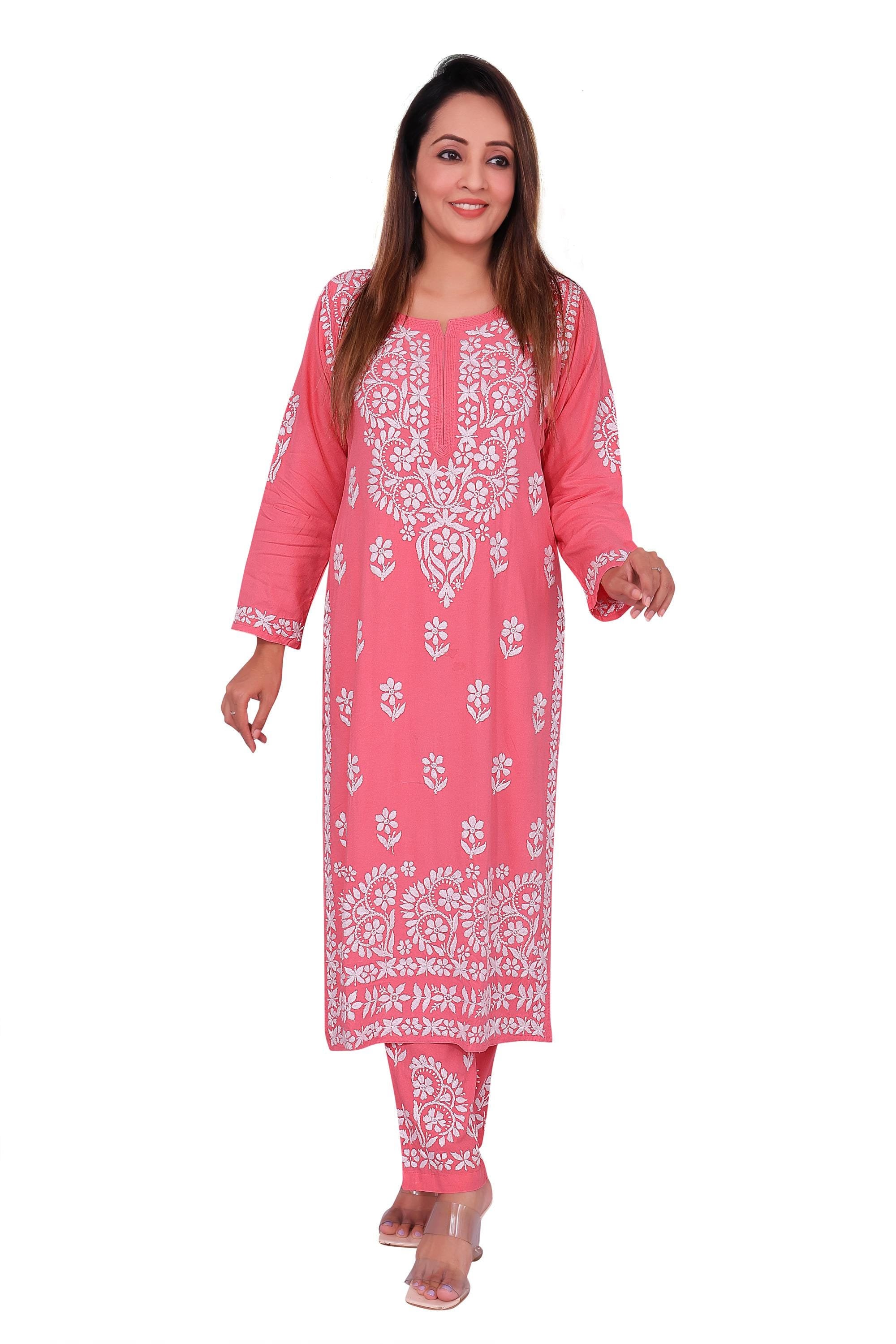 Hand Embroidered Chikankari Kurti Plazzo Set: Pure Cotton Ethnic Motif