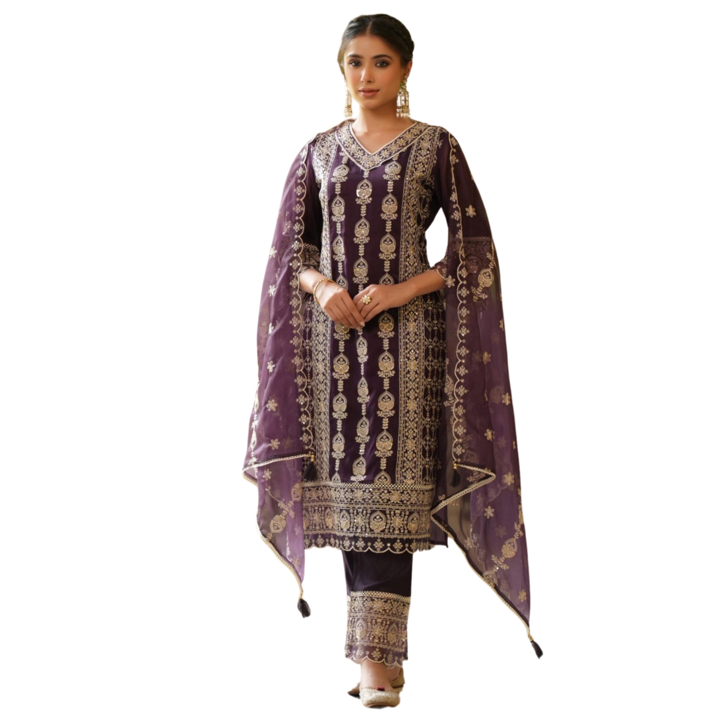 Thread Hand Embroidery Cotton Mulmul Kurta With Pants & Dupatta