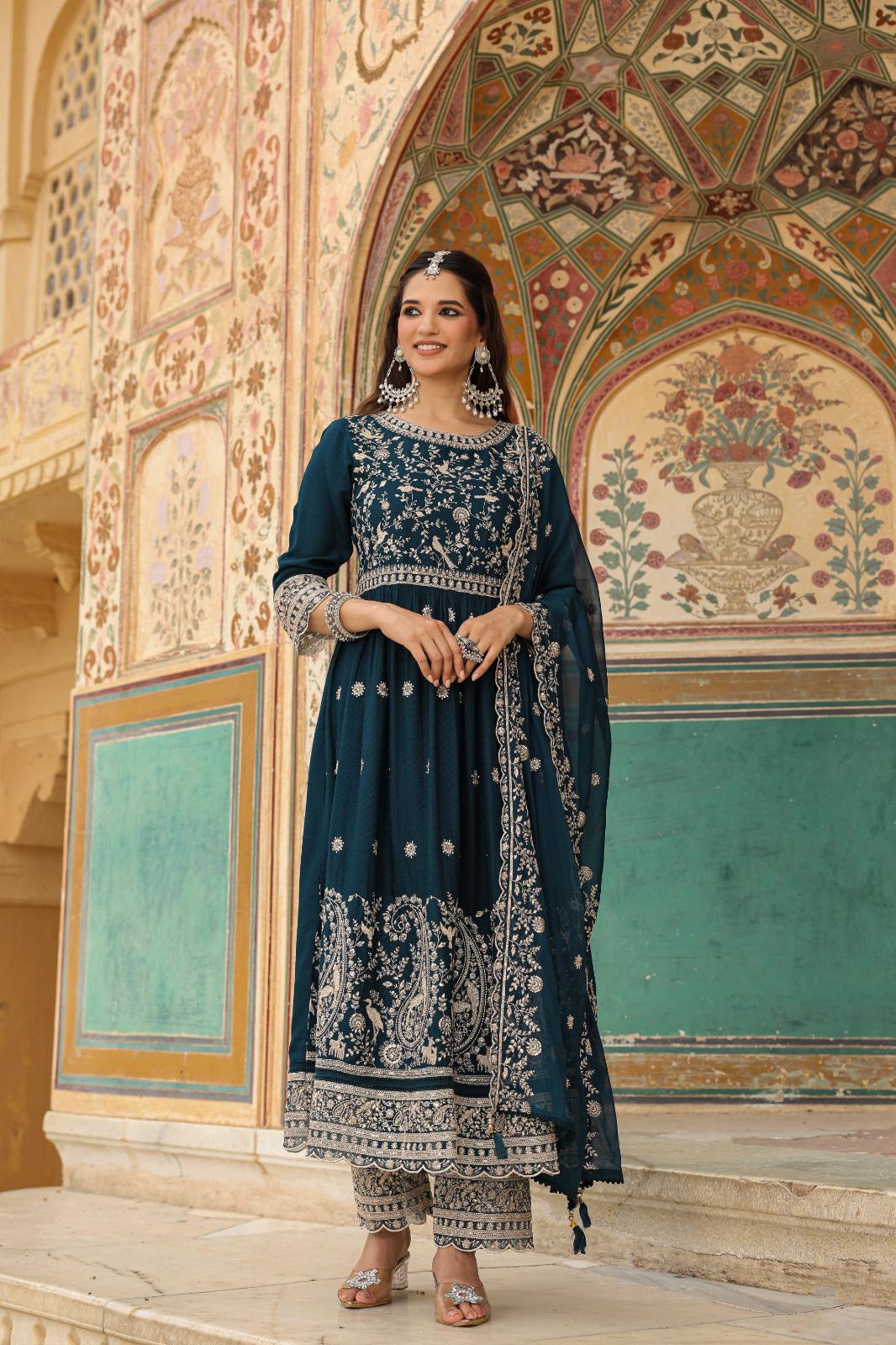 Traditional Threads Women Embroidered Georgette Kurta with Palazzo and Dupatta, Multicolor