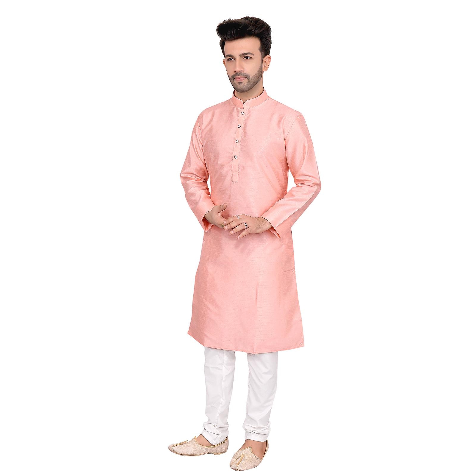 Cotton Silk Blend Kurta and Pyjama Set, Medium Length, Regular Fit, Peach