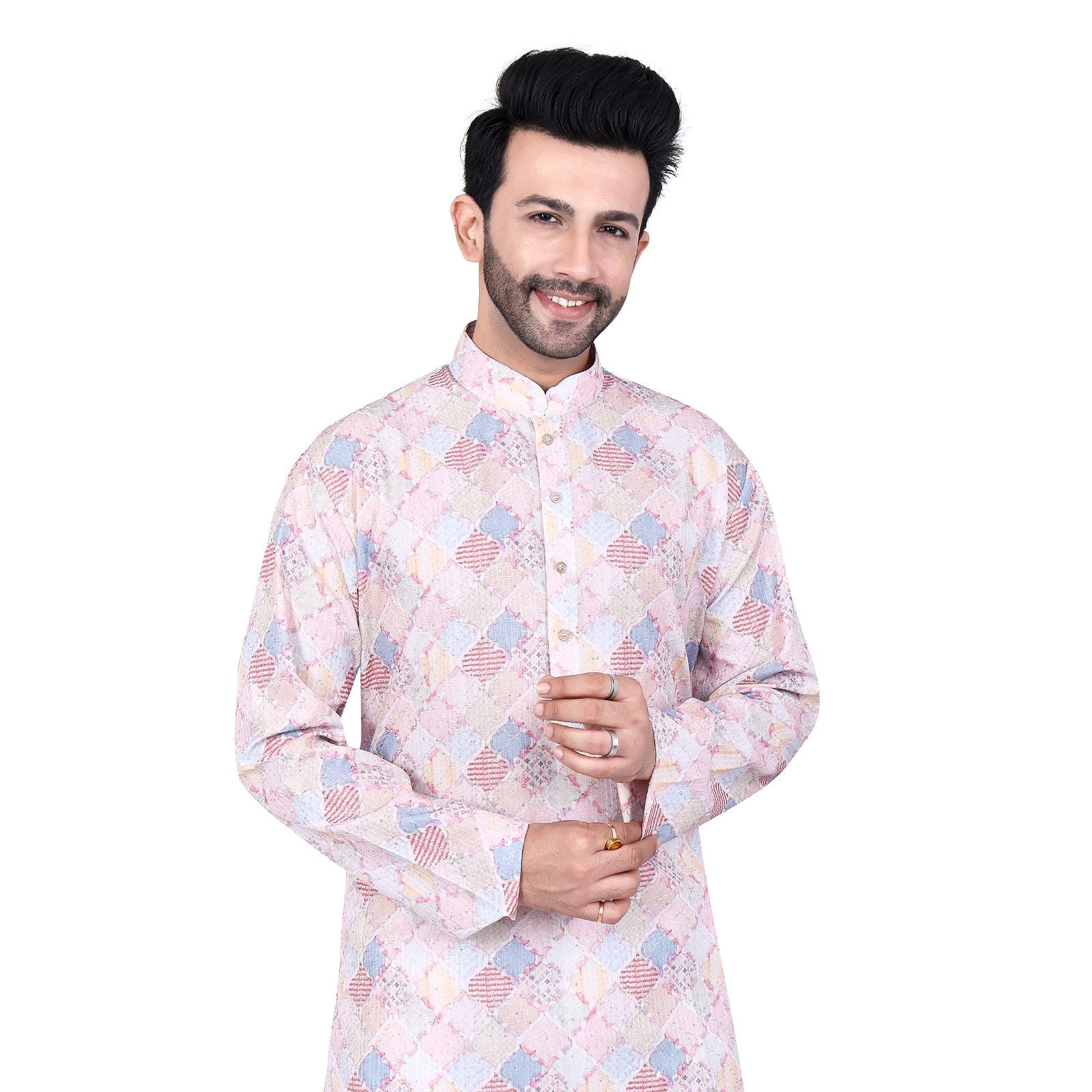 Men's Floral Print Regular Fit Kurta Pyjama Set, Pink/Blue
