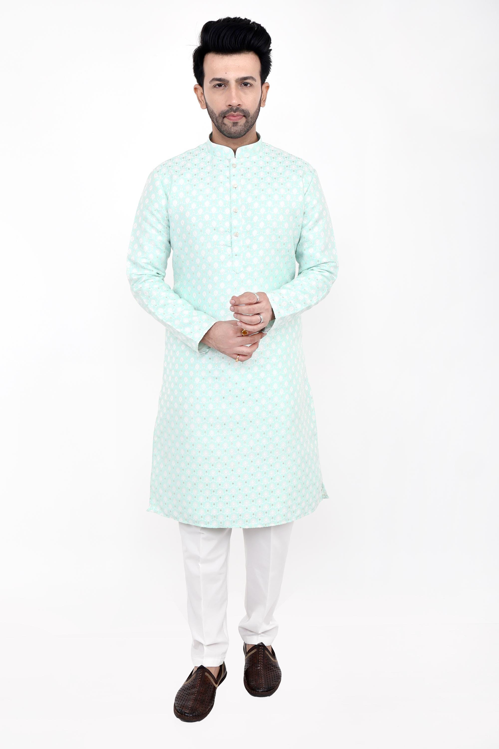 Sequin Embroidered Men's Kurta Pajama Set: Traditional Indian Wedding Outfit