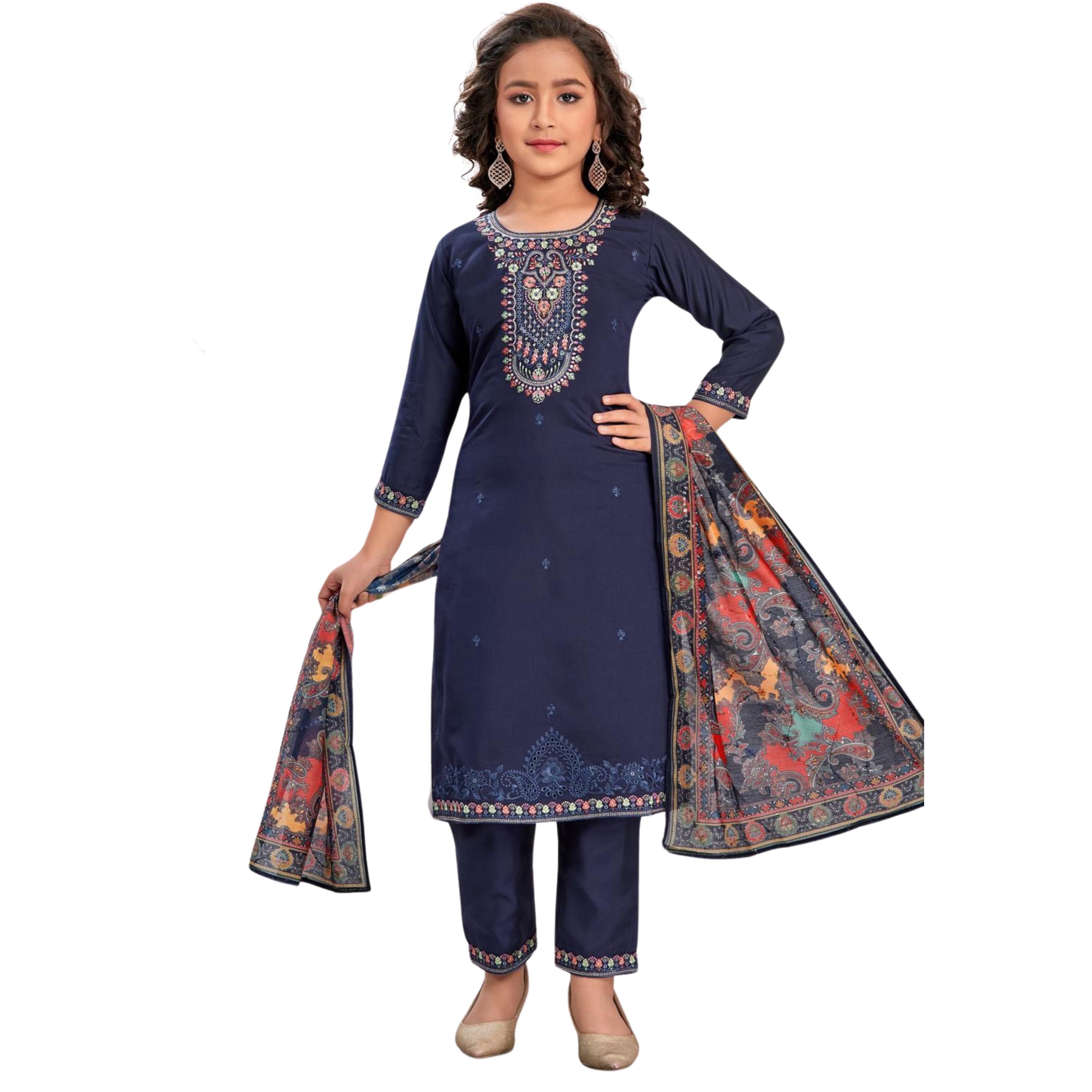 Girls straight fit suit with printed dupatta · navy · TT-YG-CNB76