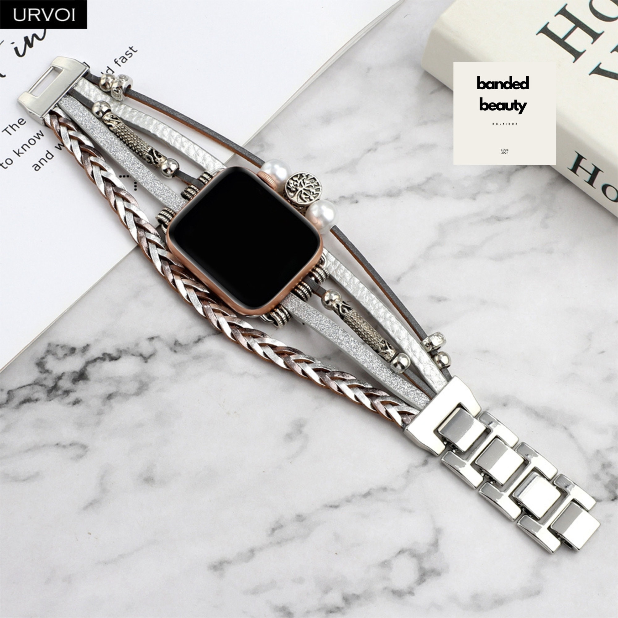 Multilayer Boho Bead Wrap handmade Apple Watch Band, Custom Sizes 38mm-49mm, Stylish Strap for Women, iWatch Series Accessory