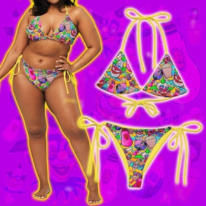 May include: A yellow bikini with a colorful clown and popcorn print. The bikini top is a triangle style with adjustable straps. The bikini bottom is a high-cut style with ties on the sides.