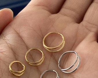 Gold Silver Rose Gold Double Hoop Earring 316L Surgical Stainless Steel Clicker Earring 16G 18G 20G Helix, Nose, Ear Piercing Hinge Hoop