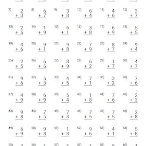 May include: A worksheet with 60 math problems, each consisting of two single-digit numbers to be added together. The problems are numbered 1 through 60, and each problem is presented in a box with a plus sign and a line for the answer.