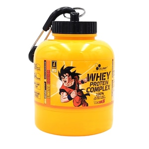 May include: Yellow plastic shaker bottle with a black carabiner clip and a Dragon Ball Z character on the label. The label reads "OLIMP WHEY PROTEIN COMPLEX 100% ULTIMATE WHEY PROTEIN FORMULA DRAGON BALL Z".