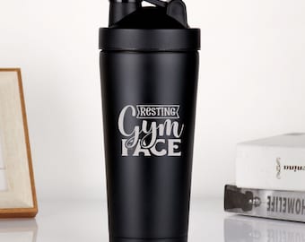 Botella mezcladora de proteínas personalizada con cara de gimnasio en reposo, Regalos de gimnasio, Regalos de entrenamiento para Gym Bro, Taza mezcladora de proteínas grabada con láser, Bola mezcladora de metal