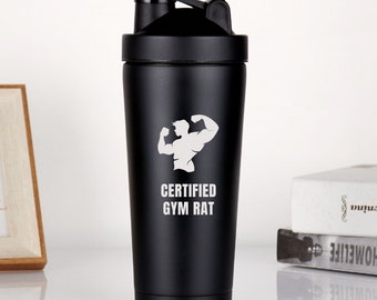 Botella agitadora de proteínas personalizada para rata de gimnasio certificada / Nombre personalizado Regalos grabados Regalo de entrenamiento para Gym Bro Taza agitadora de proteínas Metal Shaker Ball