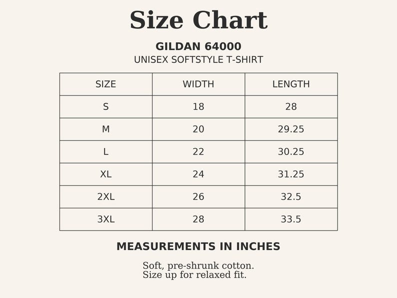 Puede incluir: Tabla de tallas para una camiseta unisex Gildan 64000 Softstyle. La tabla muestra medidas en pulgadas para las tallas S a 3XL. Los anchos var&iacute;an de 45,7 cm a 71,1 cm y los largos de 71,1 cm a 85,1 cm. El texto indica que la camiseta es de algod&oacute;n suave pre-encogido.