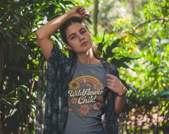 Wildflower Child T-Shirt: Retro 70s Floral Rainbow Graphic Tee