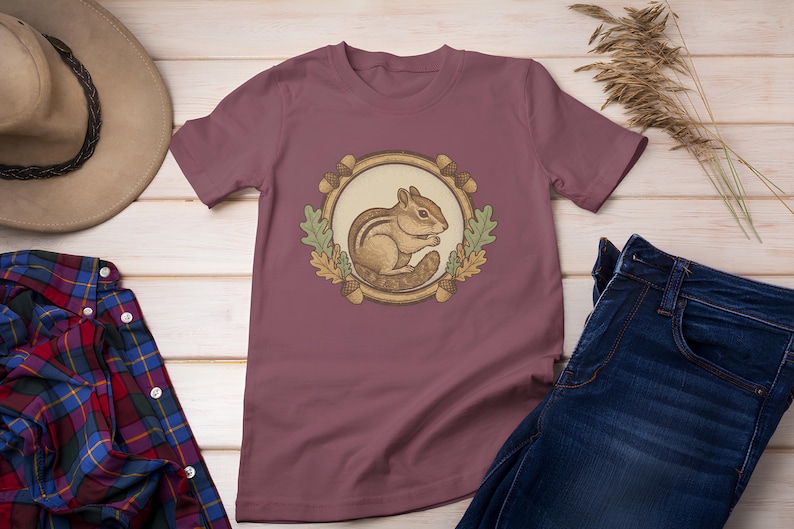 Cute Chipmunk Shirt, Vintage Woodland Animal Tee, Cottagecore Naturecore Badge, Forest Creature Graphic Tee, Nature Lover Gift image 2
