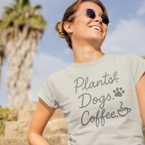Plants Dogs Coffee Shirt | Cute Plant Dog Coffee Tee | Script Font Minimalist Design | Nature Lover Gift | Outer Aisle Attire