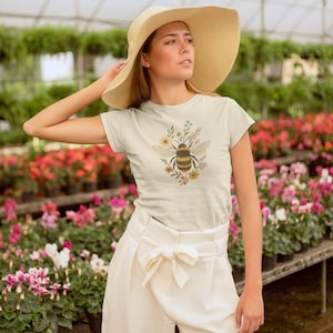 Botanical Bee Bloom T-Shirt | Hand-Drawn Floral Bee Shirt | Nature-Inspired Garden Graphic Tee | Pollinator Lover Gift | Cottagecore