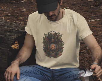 Lantern Shirt: Vintage Autumn Leaves Tee, Retro Hiking Design, Nature Explorer Gift