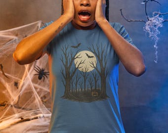 Haunted Forest Graphic Tee: Spooky Halloween Moon Unisex T-Shirt