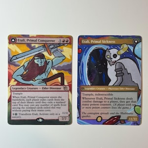 May include: Two rectangular trading cards featuring hand-drawn illustrations. The left card shows a blue-skinned figure with long brown hair holding a sword, titled Etali, Primal Conqueror. The right card depicts a skeletal figure, titled Etali, Primal Sickness.