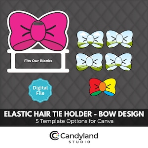 Può includere: Un file digitale per un supporto per elastici per capelli con un grande fiocco rosa acceso, quattro fiocchi più piccoli con motivo cielo ed erba, e un fiocco multicolore. Il testo riporta Fits Our Blanks, Digital File, e ELASTIC HAIR TIE HOLDER - BOW DESIGN 5 Template Options for Canva.