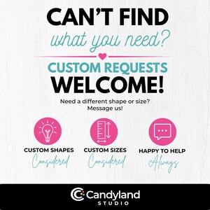 The image is a promotional poster for a company called "Candyland Studio". It features a pink heart and three pink icons representing custom requests, custom shapes, and custom sizes. The text on the poster encourages customers to ask for what they need, whether it's a different shape or size, and provides a message for assistance. The company's logo is displayed at the bottom of the poster.