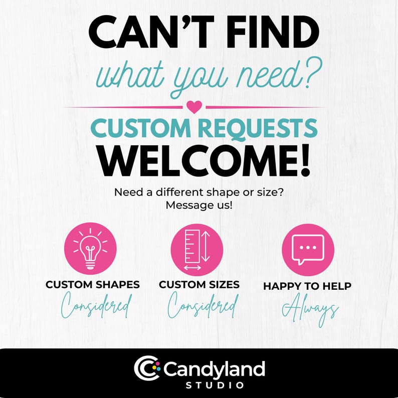 The image is a promotional poster for a company called "Candyland Studio". It features a pink heart and three pink icons representing custom requests, custom shapes, and custom sizes. The text on the poster encourages customers to ask for what they need, whether it's a different shape or size, and provides a message for assistance. The company's logo is displayed at the bottom of the poster.