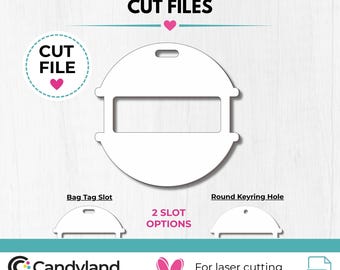 May include: A digital cut file for an elastic hair tie holder featuring a circular design with a central rectangular cutout. The graphic displays two slot options, a bag tag slot and a round keyring hole, with the text ELASTIC HAIR TIE HOLDER CUT FILES.