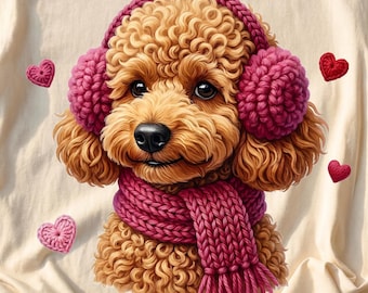 Cozy Valentine Dog PNG, Knit Hearts, Puppy Love (Digital Download)