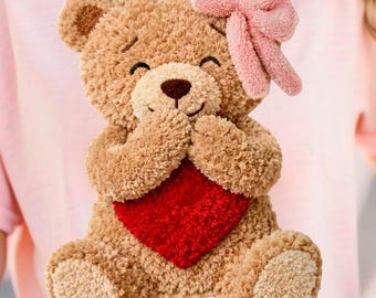 Faux Yarn Teddy Bear Png, Coquette Valentine Bear Png, Plush Heart Bear Png, Pink Bow Love Bear Design, Cute Chunky Knit Valentine Png