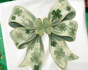 Green Shamrock Coquette Bow Png, Lucky Clover Bow Png, Retro Irish Patrick Bow Png, Pastel Green Clover Bow Png, St Patricks Bow Png