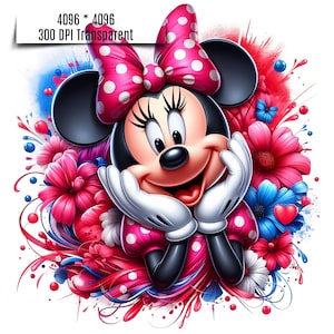 May include: A cartoon illustration of Minnie Mouse with a red bow and white polka dots. She is smiling and has her hands on her cheeks. The background is a colorful abstract design with pink, red, blue, and white flowers.