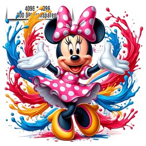 Puede incluir: Ilustraci&oacute;n de dibujos animados de Minnie Mouse con un vestido y lazo rosa con lunares, con zapatos amarillos. Salpicaduras de pintura coloridas rojas, azules y amarillas rodean al personaje. La imagen incluye el texto "4096 * 4096 300 DPI transparent."
