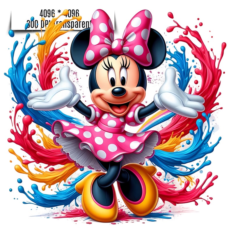 Puede incluir: Ilustraci&oacute;n de dibujos animados de Minnie Mouse con un vestido y lazo rosa con lunares, con zapatos amarillos. Salpicaduras de pintura coloridas rojas, azules y amarillas rodean al personaje. La imagen incluye el texto "4096 * 4096 300 DPI transparent."
