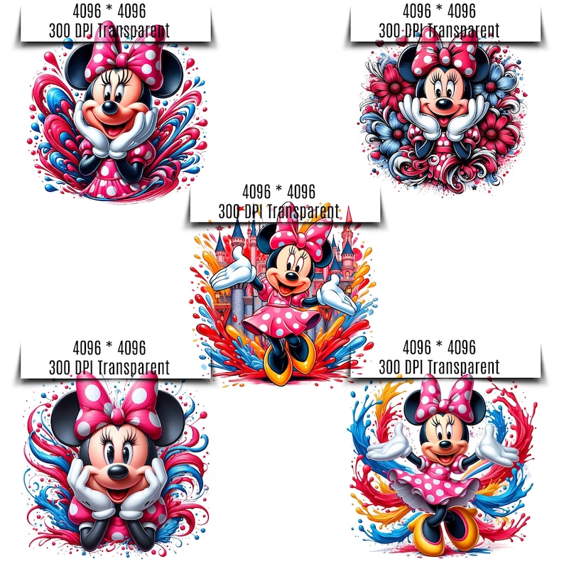 Puede incluir: Cinco ilustraciones coloridas de Minnie Mouse en varias poses. Cada imagen presenta a Minnie con su lazo y vestido de lunares caracter&iacute;sticos, rodeada de vibrantes salpicaduras de color. El texto "4096 * 4096 300 DPI Transparent" est&aacute; en cada imagen.