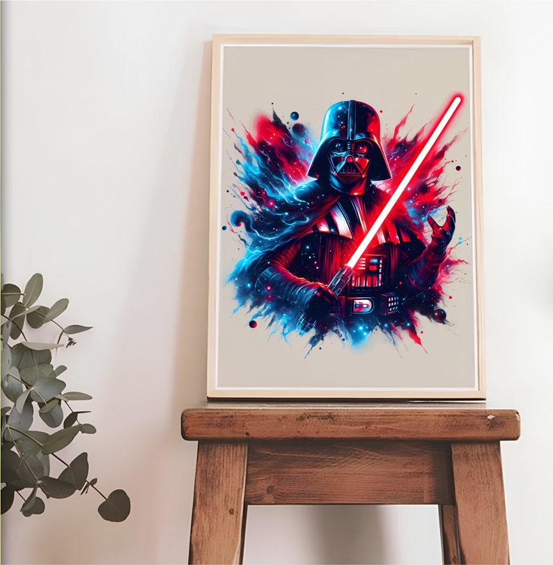 May include: A digital art print of Darth Vader from Star Wars, with a red lightsaber and a blue and red background.